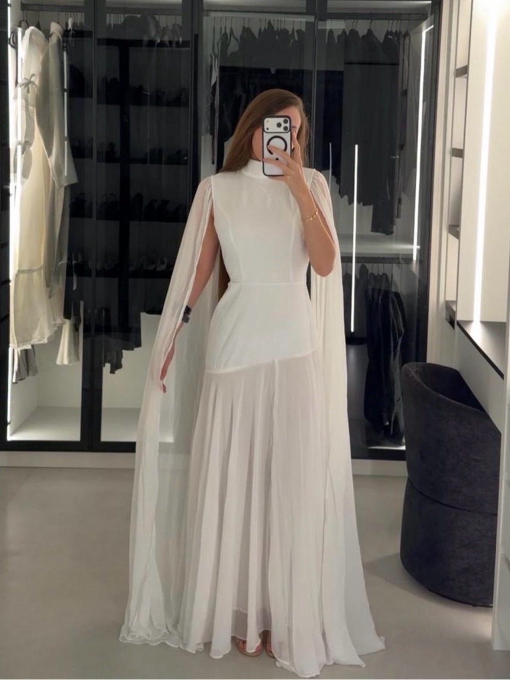 New White cape maxi dress with high neck and long sleeves.